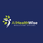 Logo of AllHealthWise featuring a stylized human figure in white with green leaves branching from it, symbolizing health and growth, accompanied by the text 'AllHealthWise' in green and white and the tagline 'Wholesome Options' in white, all set against a blue background